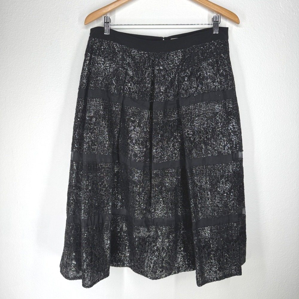 Rebecca Taylor Metallic Lace Silk Stripe Midi Skirt Black Silver 12 Party Glam